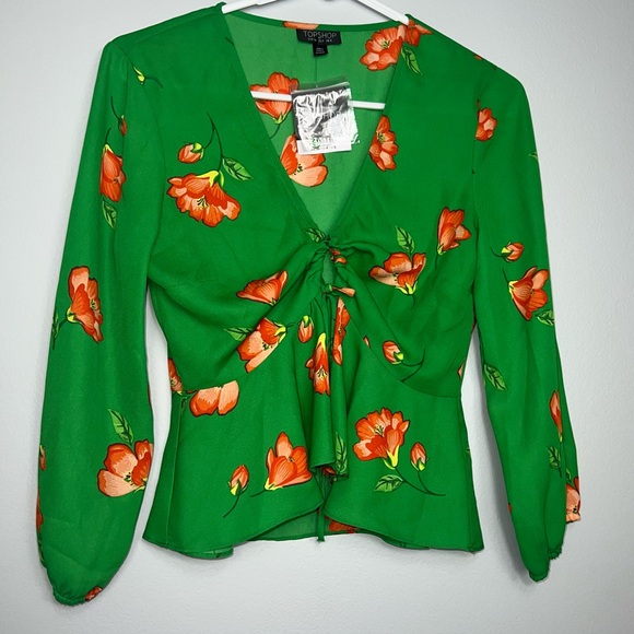 Topshop Tops - &Topshop green with orange flowers floral top blouse shirt with tie front new 4